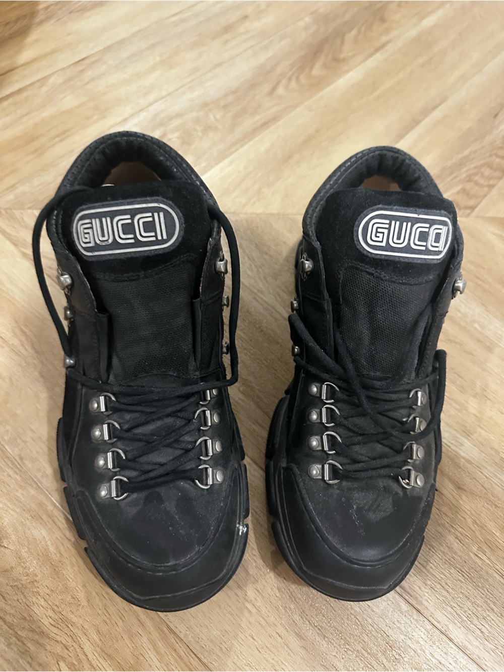 Gucci Black Leather Lace-Up Hiking Boots